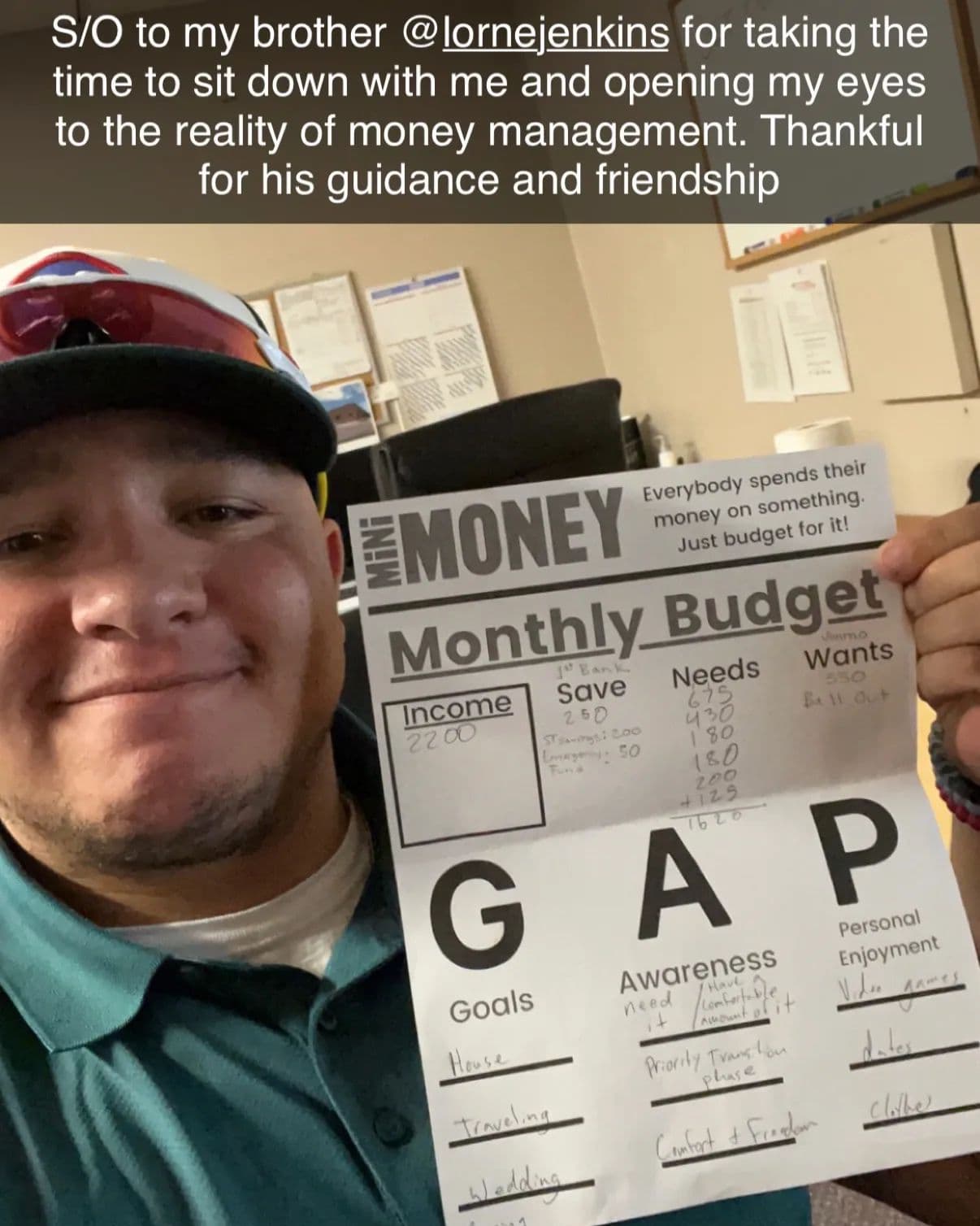 Student showing their Mini Money budget worksheet