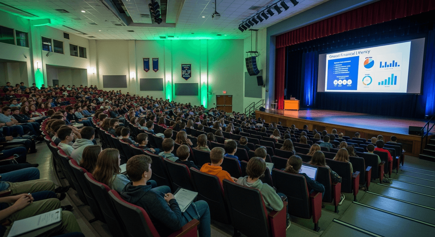 School auditorium filled with students attending financial literacy presentation